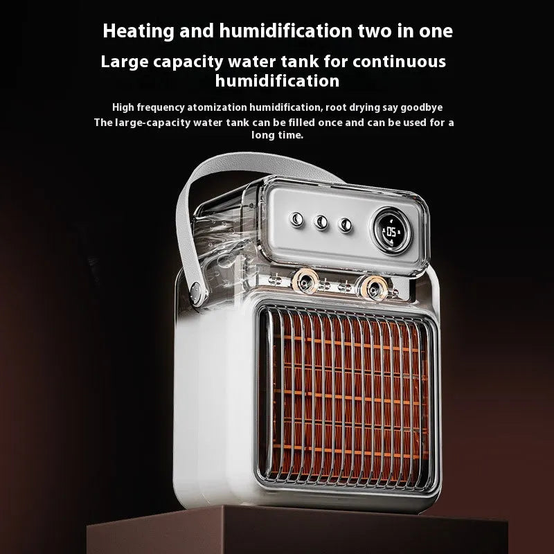 White 2-in-1 ceramic table heater and humidifier with digital control panel.