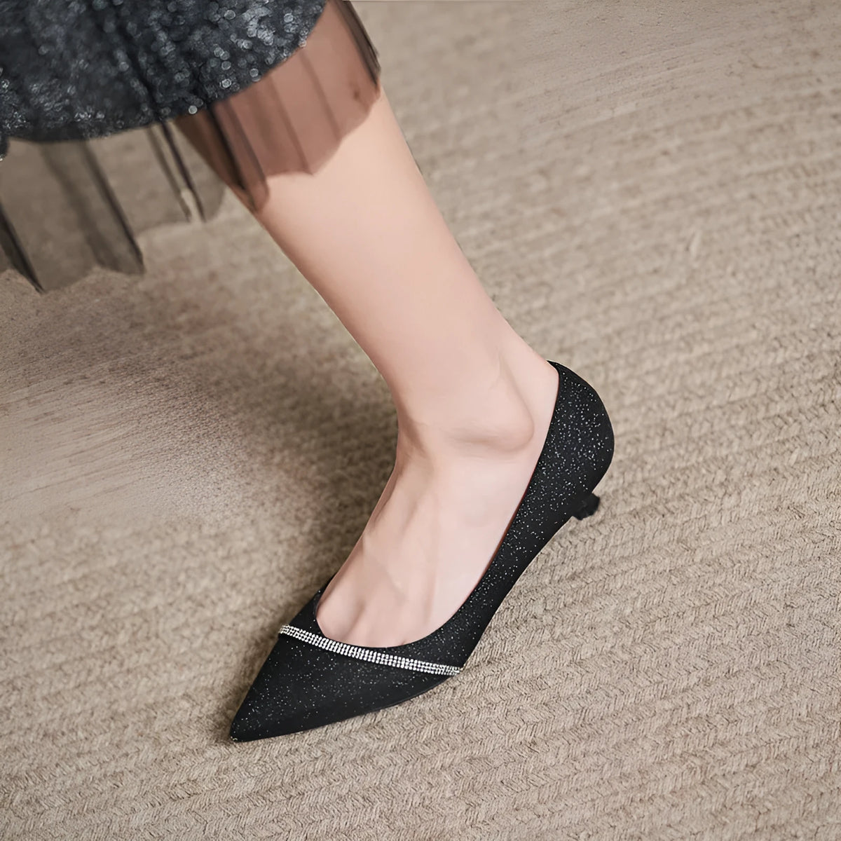 Black French style high heels with sequined detailing and 7cm thin heels