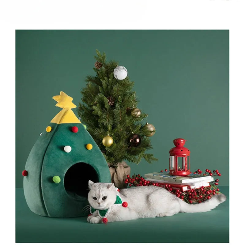 Christmas tree-shaped plush cave pet bed for cats and dogs with detachable cover in three available sizes