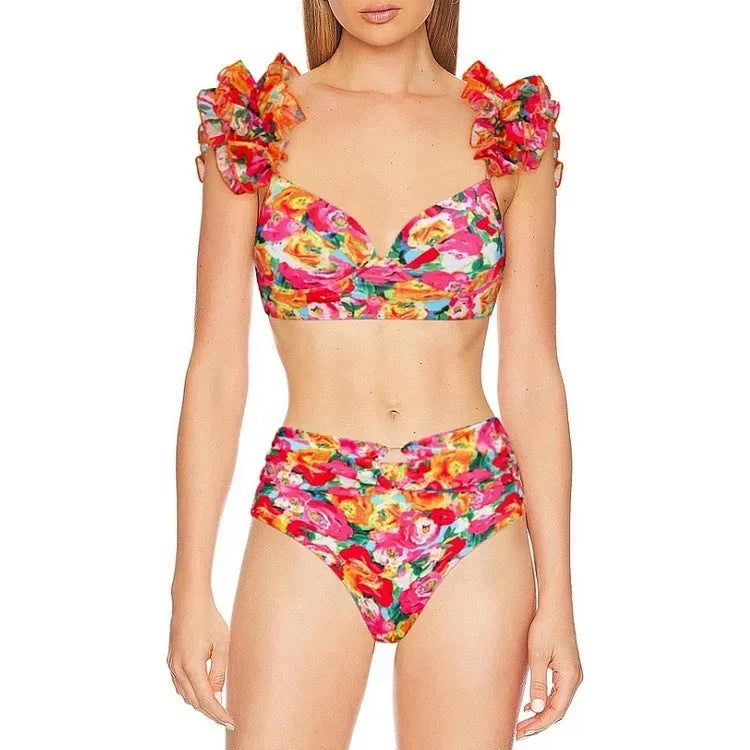 Floral patterned high waist bikini swimsuit with push up top on a mannequin.