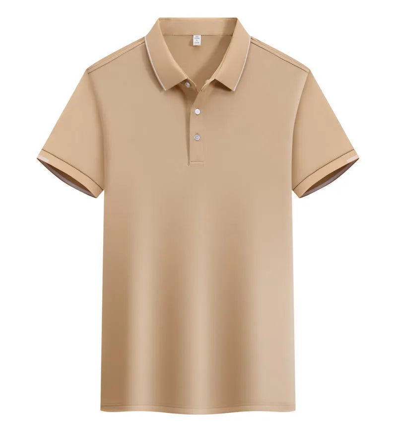 Men's apricot cotton blend loose polo shirt with a short sleeve and contrasting colour on the collar and lapel.