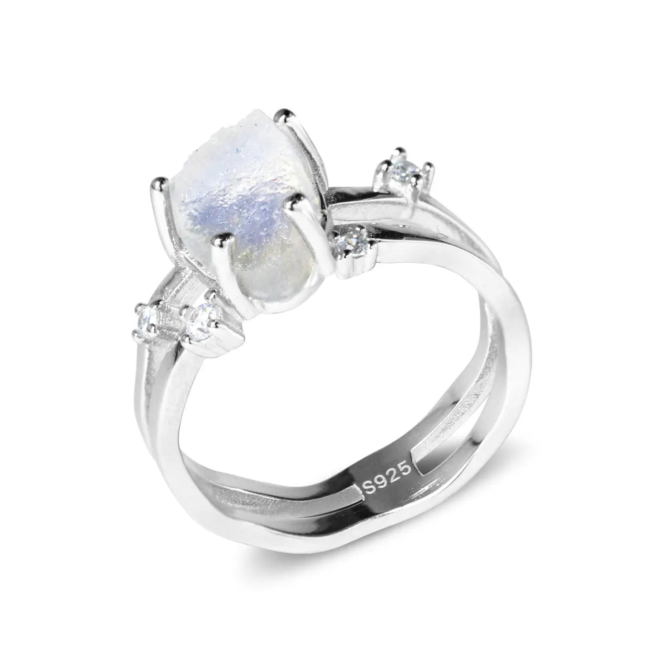 S925 sterling silver irregular triangle moonstone ring in rose gold finish on a hand