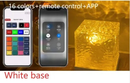 USB rechargeable LED water ripple night light with remote control on a table.