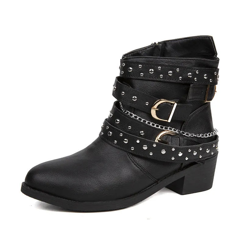 Women's punk boots with metal rivet detail, short stout heel, artificial PU upper, available in black, green, blue, dark brown.