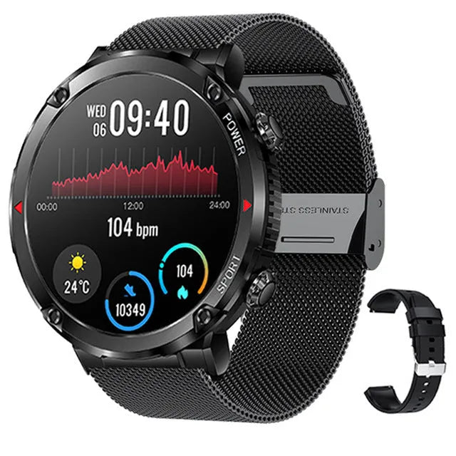T30 Smart Watch with 52mm IPS touchscreen in black colour, showing Bluetooth calling and health monitoring functions