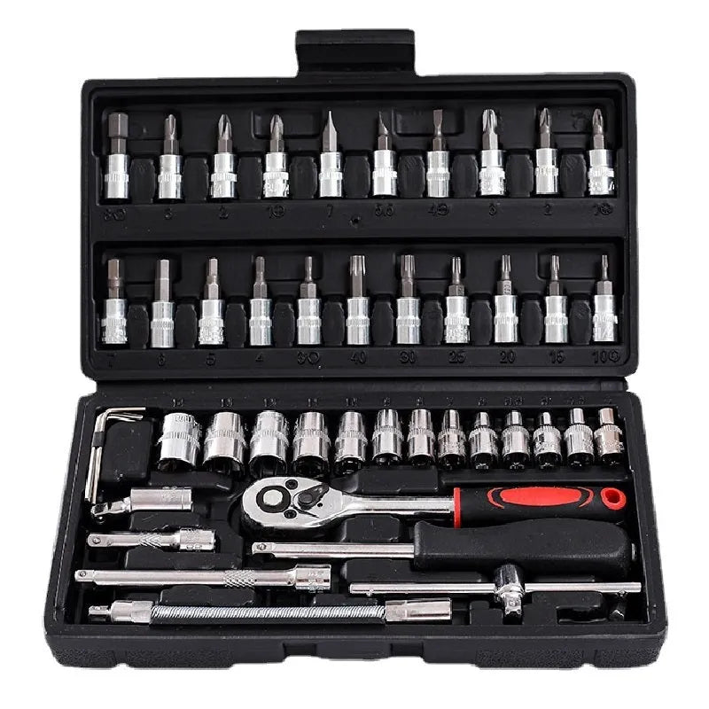 46-piece socket ratchet wrench set with Cr-V steel tools and nickel plating in a black storage box