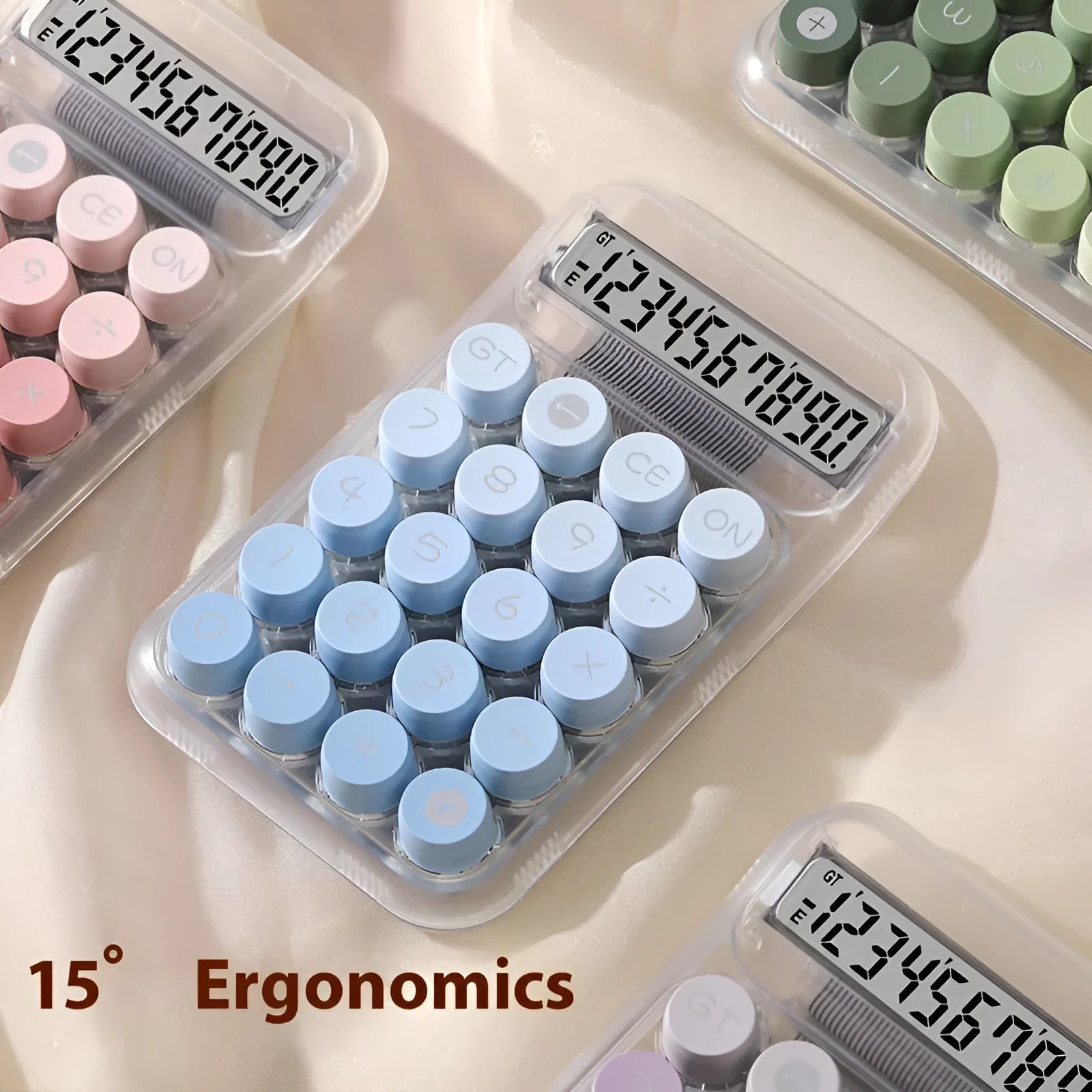 Round mechanical keyboard calculator with gradient colour finish and LCD display