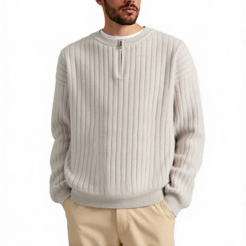 Men's grey half-zip sweater with textured knit and loose pullover design for winter
