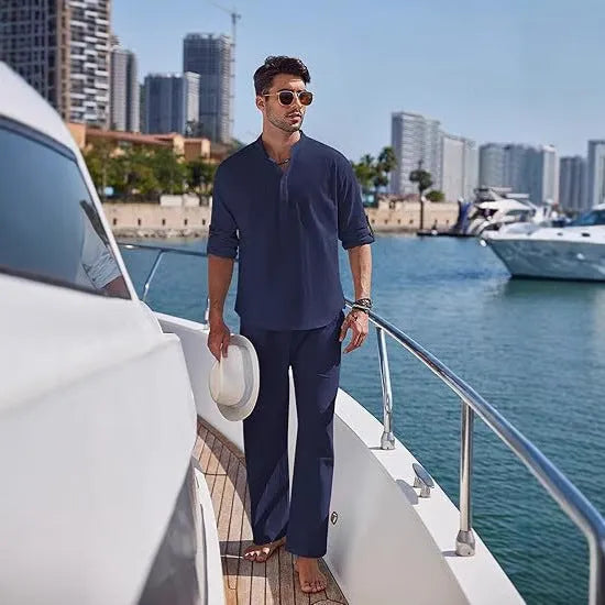 Men's casual cotton suit set with long sleeves and trousers in solid colour options
