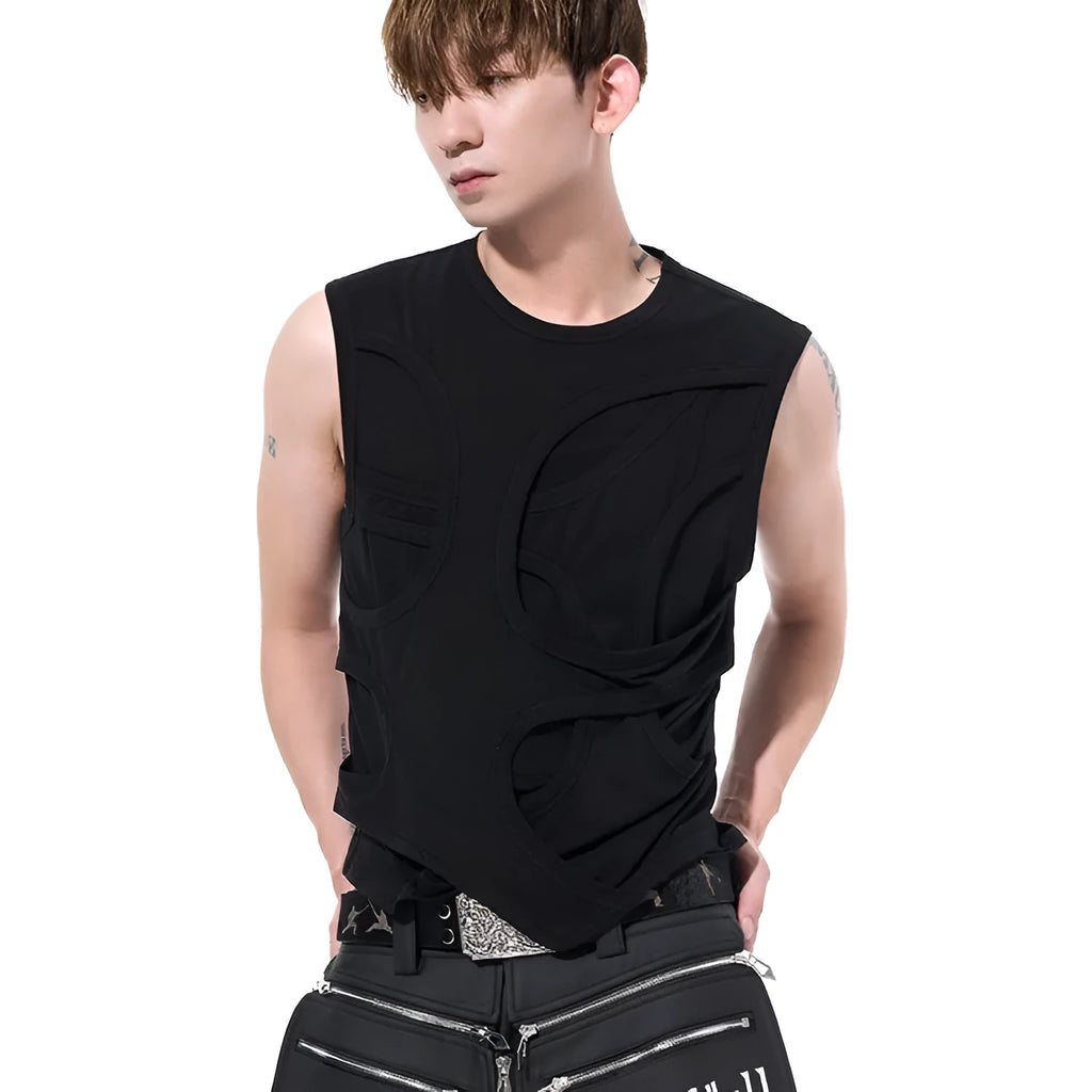 Men's solid black Lyocell summer vest with round neck tank top style on a hanger.