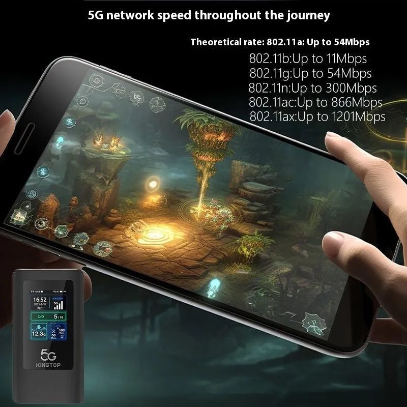 Black portable 5G Wi-Fi router showing LCD display, TYPE-C port, and compact 125x70x17mm dimensions