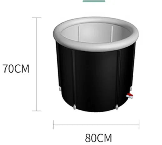 Black portable inflatable PVC ice bath with weather lid, shown at 70x80cm size