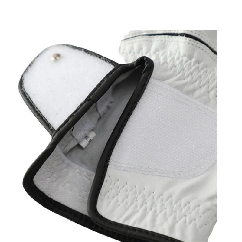 White half sheepskin golf glove for men with non-slip grip, shown in size options 22-26