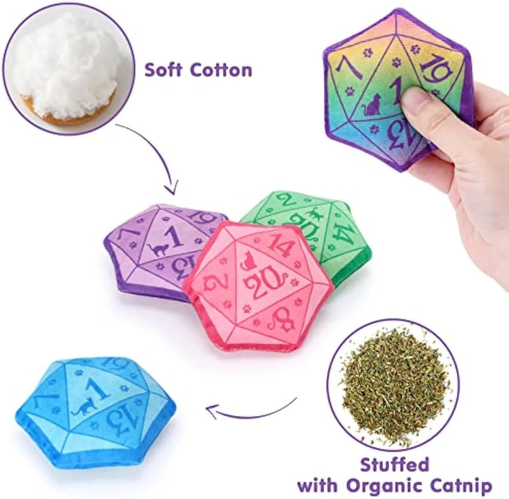 Dice-shaped plush cat toy in various colours with D&D design for feline play