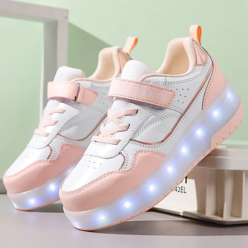 Children's pink and white roller skates with bright LED flashing wheels on a blue background.
