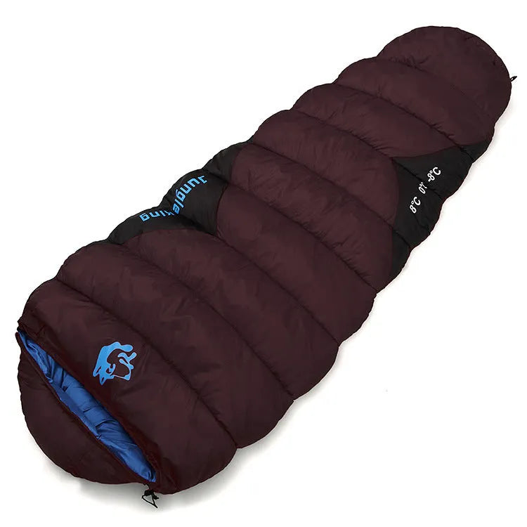 Mummy-style camping sleeping bag in Army Green colour, compressed in storage bag beside expanded view showing tapered design