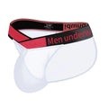 Men's nylon briefs with V gradient cut in red, black, or white colours showing low waist design