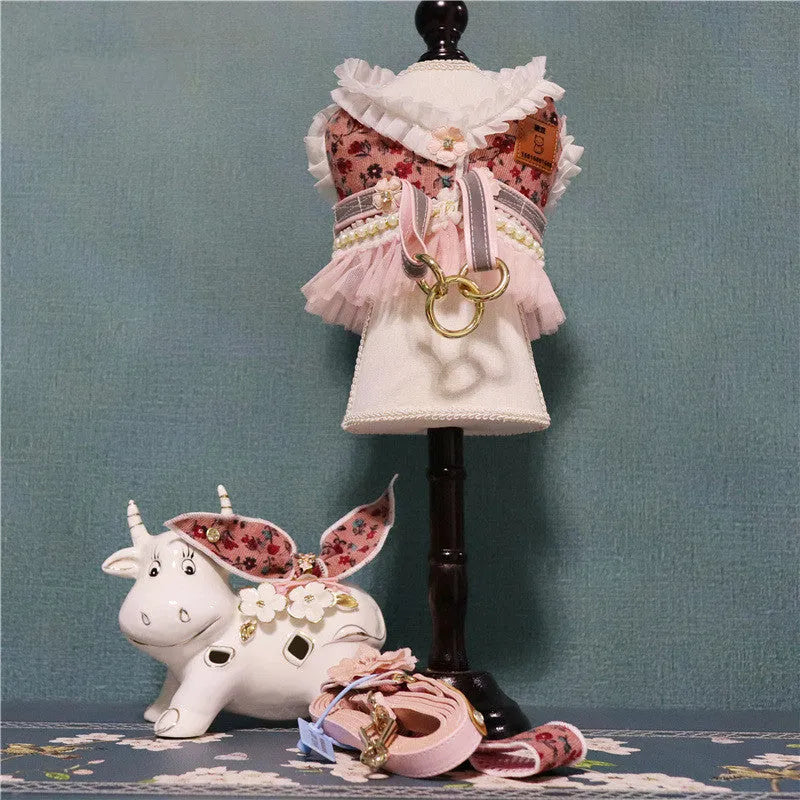 Small floral polyester pet chest harness with matching reflective leash, available in sizes XXS to 3XL