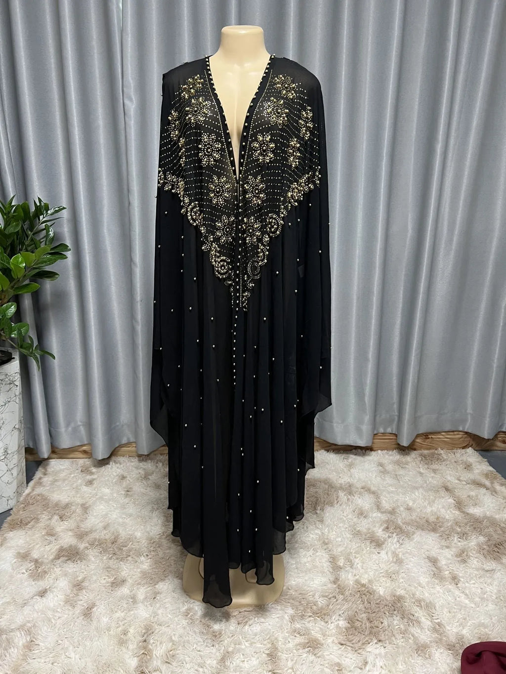 Muslim-style chiffon cape shawl with rhinestone beading in multiple colour options showing 135-175 cm length