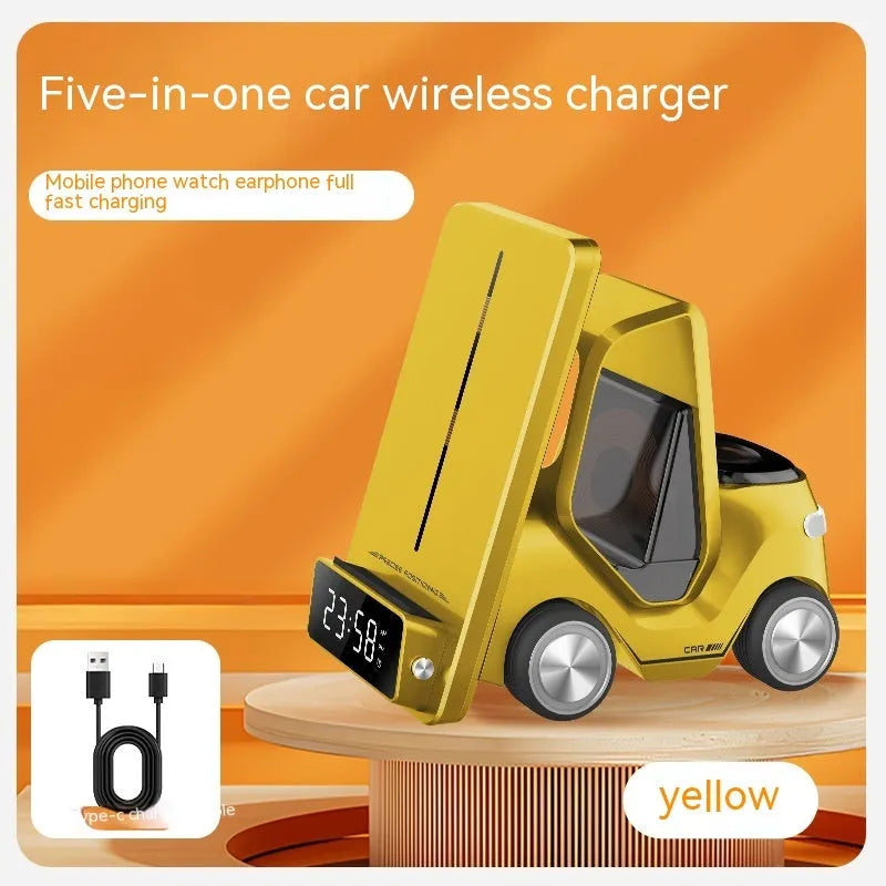 15W wireless charging bracket in grey, white, yellow, or orange with type-C port, dimensions 150x146x75mm