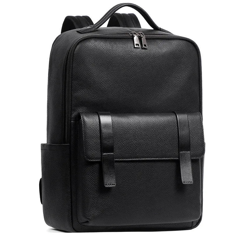 Men's black genuine leather large capacity computer backpack with woven details.