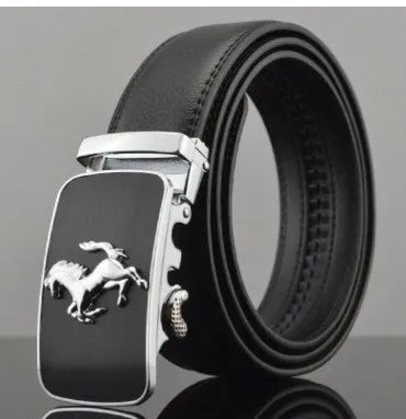 Men's automatic buckle leather belt showing 3.5cm width and first-layer cowhide material with adjustable length