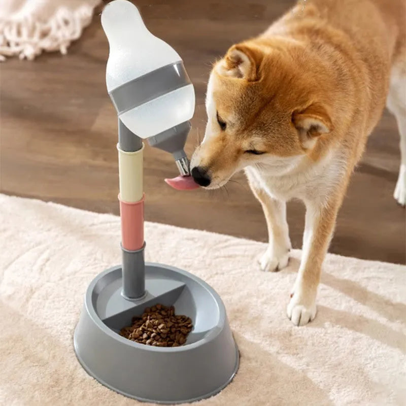 Green pet standing water dispenser with adjustable height pole and detachable bowl for cats and dogs