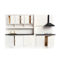 White birch dollhouse kitchen cabinets with working doors and metal handles, sink and stove cabinet set