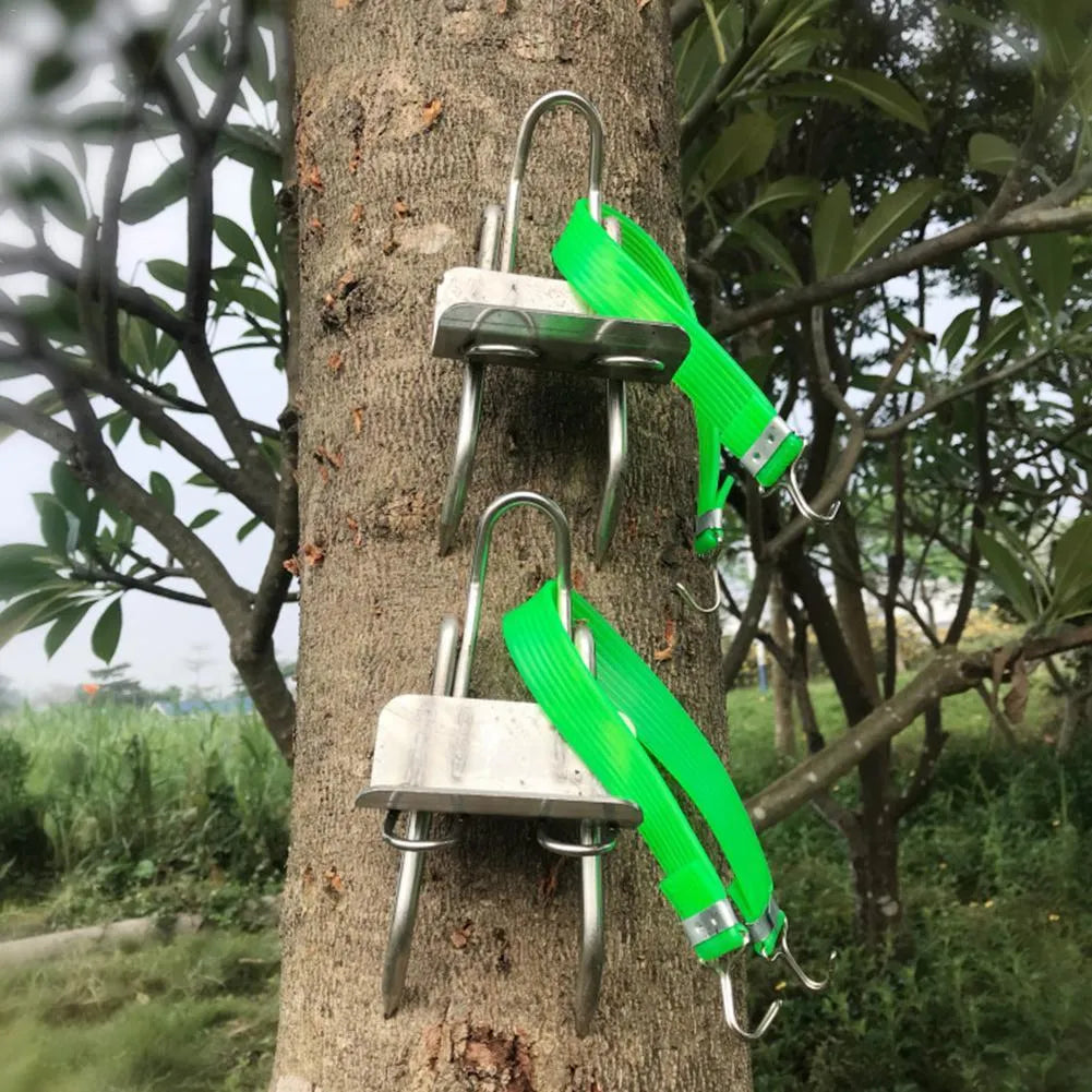 Pair of 304 stainless steel tree climbing spikes with sharp claws and two fastening straps