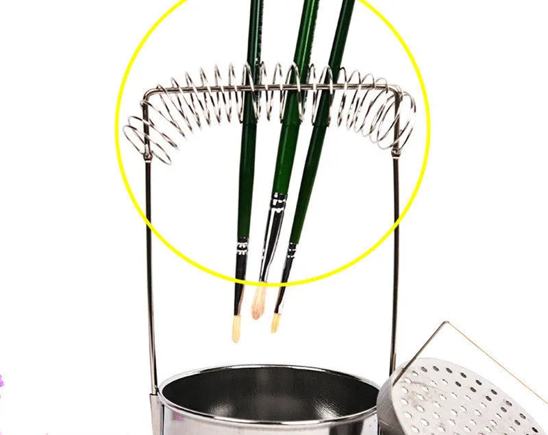 Silver stainless steel oil painting pen washer with brush clip and leakproof plug.