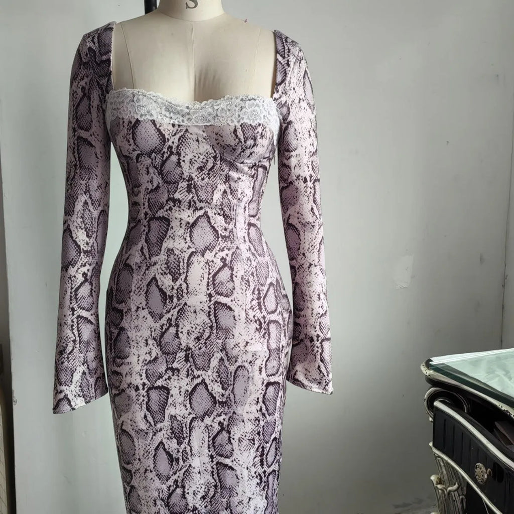 Grey digital printed lace dress with 3D pattern, A-line skirt, and long sleeves in slim fit