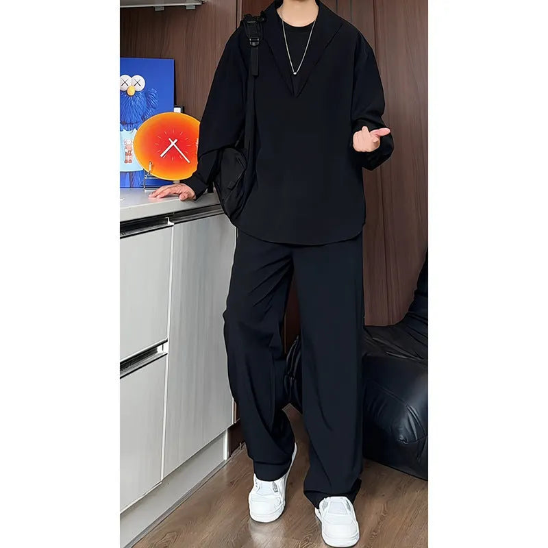 Men's black long sleeve polo shirt and trousers two-piece set in slim fit for casual wear