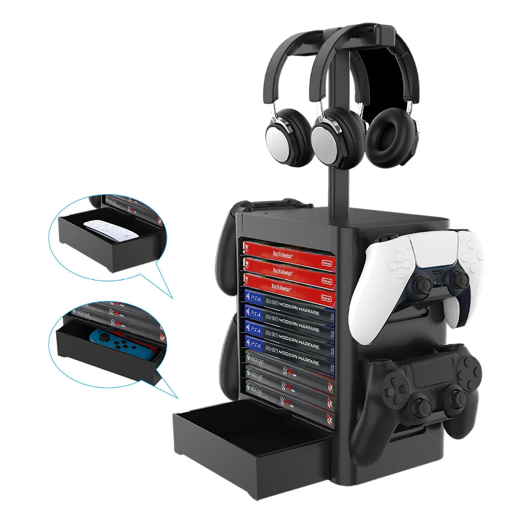Black ABS gaming storage rack holding a console, headphones on top, controllers on side hooks, with a pull-out drawer.