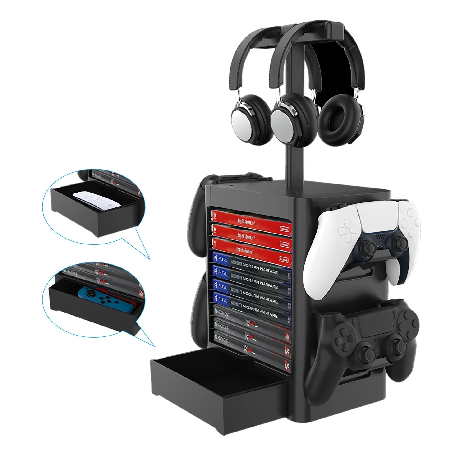 Black ABS gaming storage rack holding a console, headphones on top, controllers on side hooks, with a pull-out drawer.
