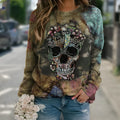 Black long sleeve sweatshirt with a detailed skull graphic print on the front.