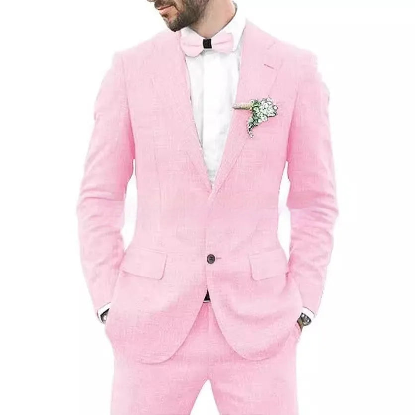 Men's slim fit suit jacket and trousers in a linen hemp blend fabric on a hanger