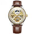 Men's waterproof mechanical watch with gold leather strap, 16mm thickness, and business style design