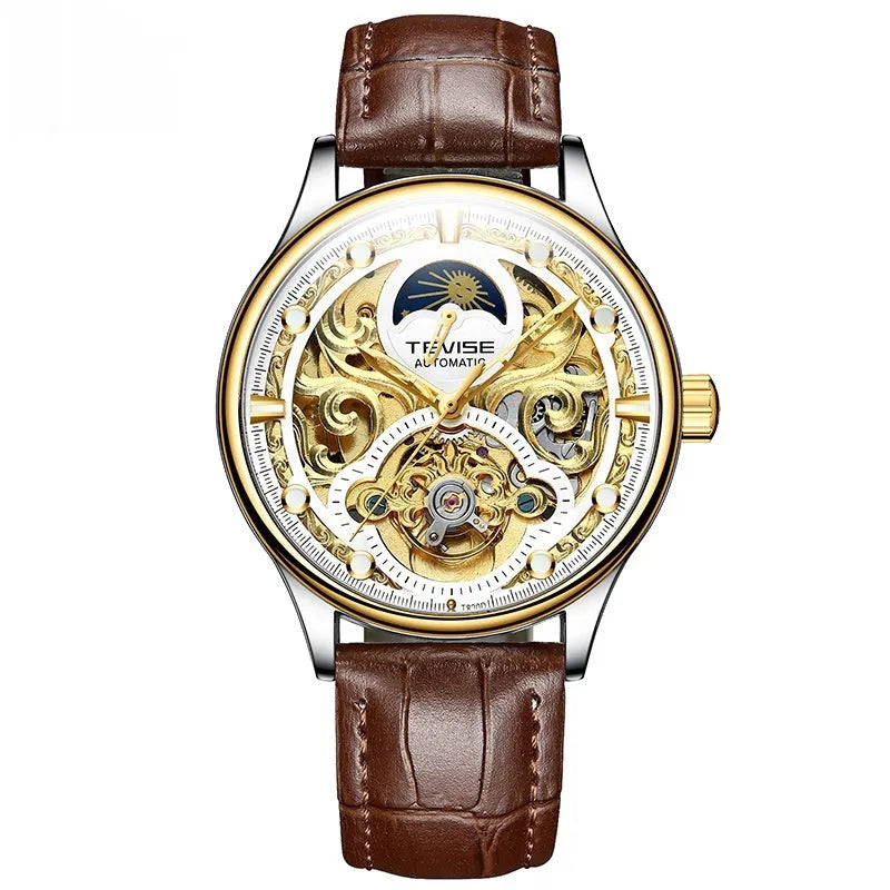 Men's waterproof mechanical watch with gold leather strap, 16mm thickness, and business style design