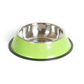 Stainless steel pet bowl with colourful melamine exterior and non-slip base for pet feeding