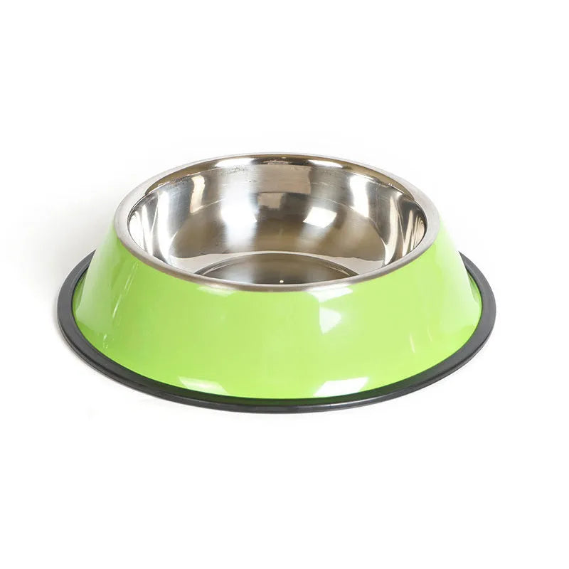 Stainless steel pet bowl with colourful melamine exterior and non-slip base for pet feeding