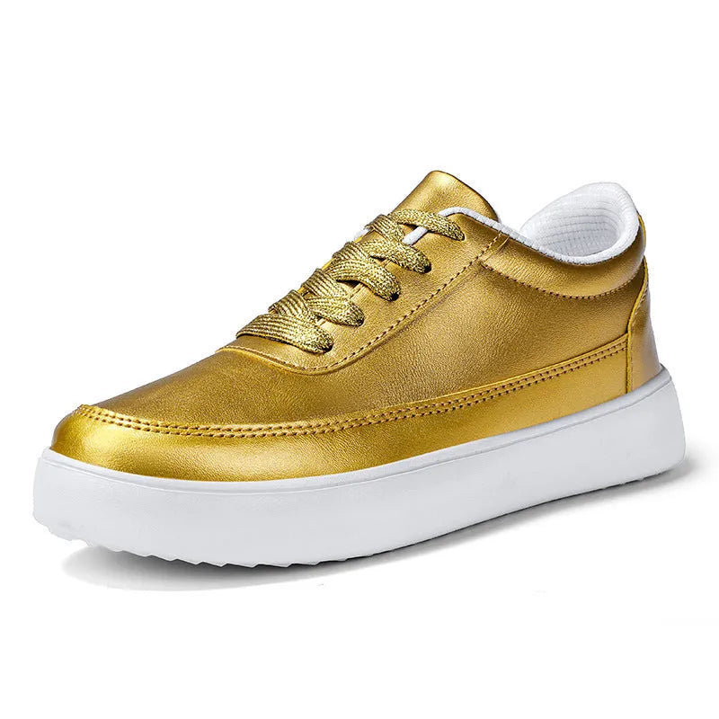 Women's leather flat casual shoes with front lace-up closure in gold colour