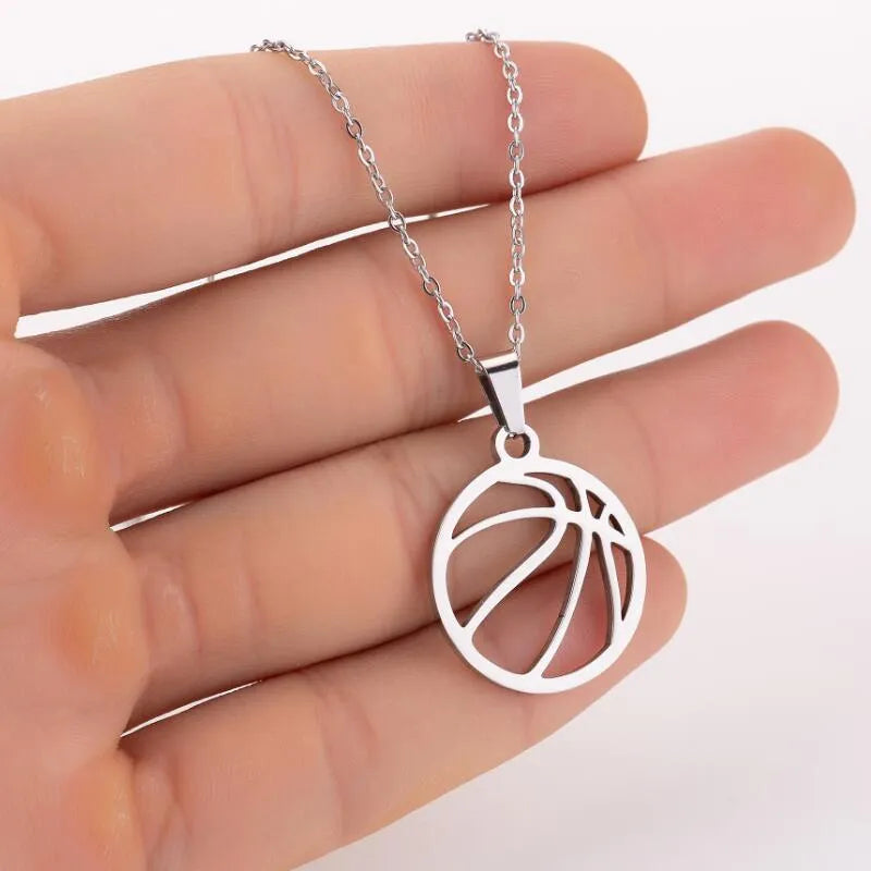 Stainless steel volleyball necklace with volleyball-shaped pendant, available in Gold or Silver colour options.