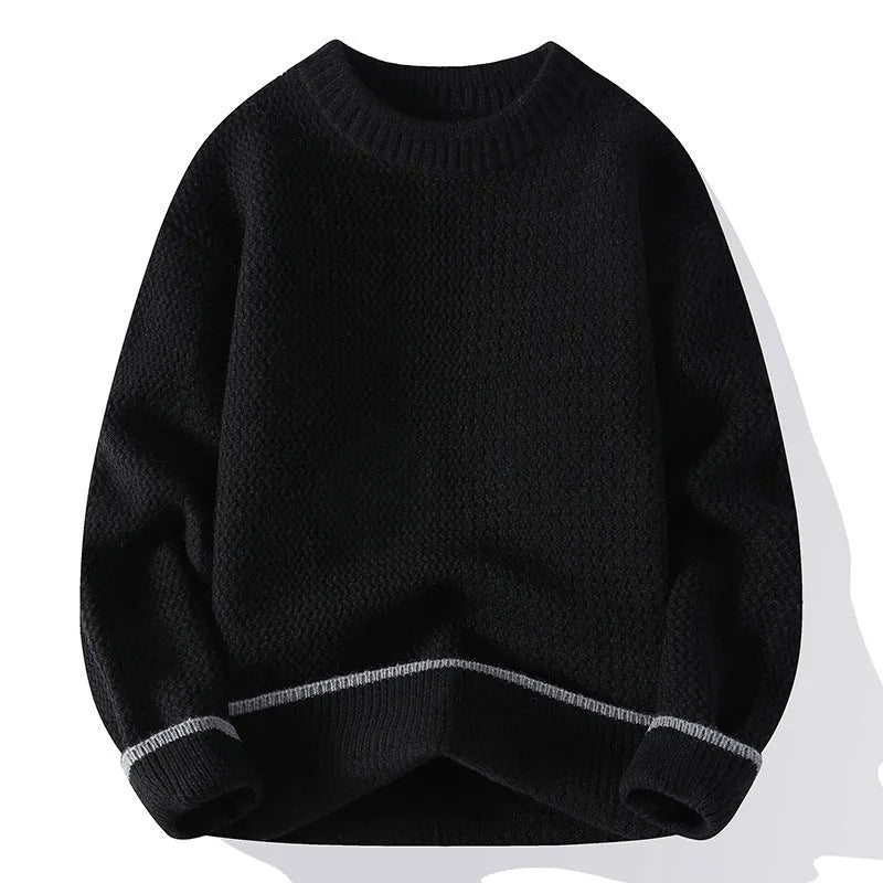 Men's grey round neck pullover sweater with loose fit and long sleeves for autumn wear