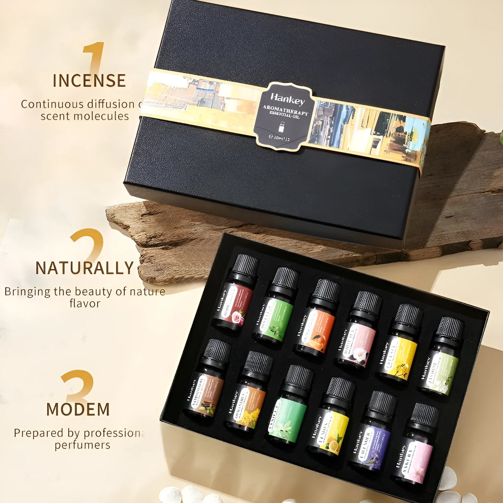 Boxed set of water-soluble aromatherapy essential oil bottles for diffusers.
