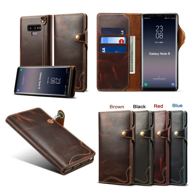 Handmade leather mobile phone case with wallet compartment open showing card slots