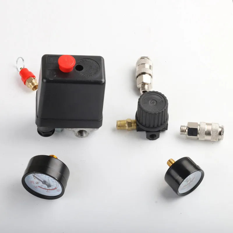 European style air compressor pressure regulating valve assembly with switch box and connectors