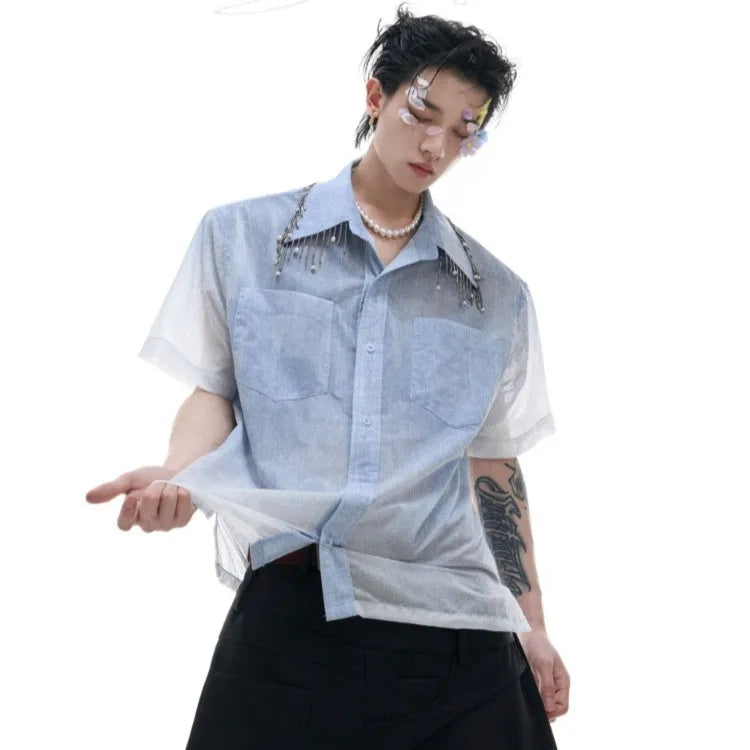 Blue to white gradient short-sleeved shirt with loose fit and half sleeves for summer wear