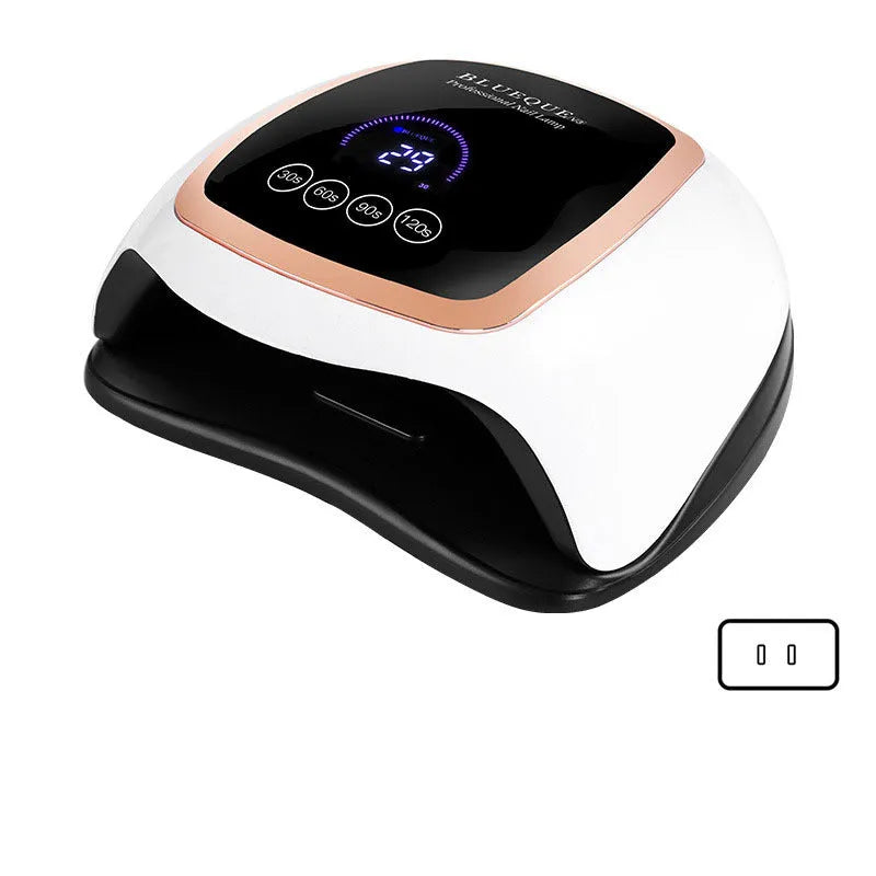 BLUEQUE V3 168W UV LED nail lamp with 42 gold wire beads, 23.5cm x 20cm x 8cm ABS plastic body, EU or US plug.
