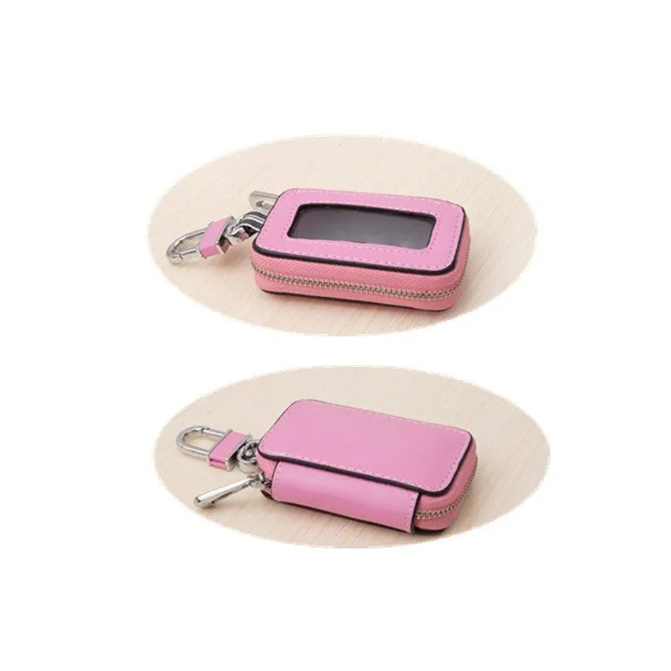 White genuine leather car key case with square vertical design and plain weave texture