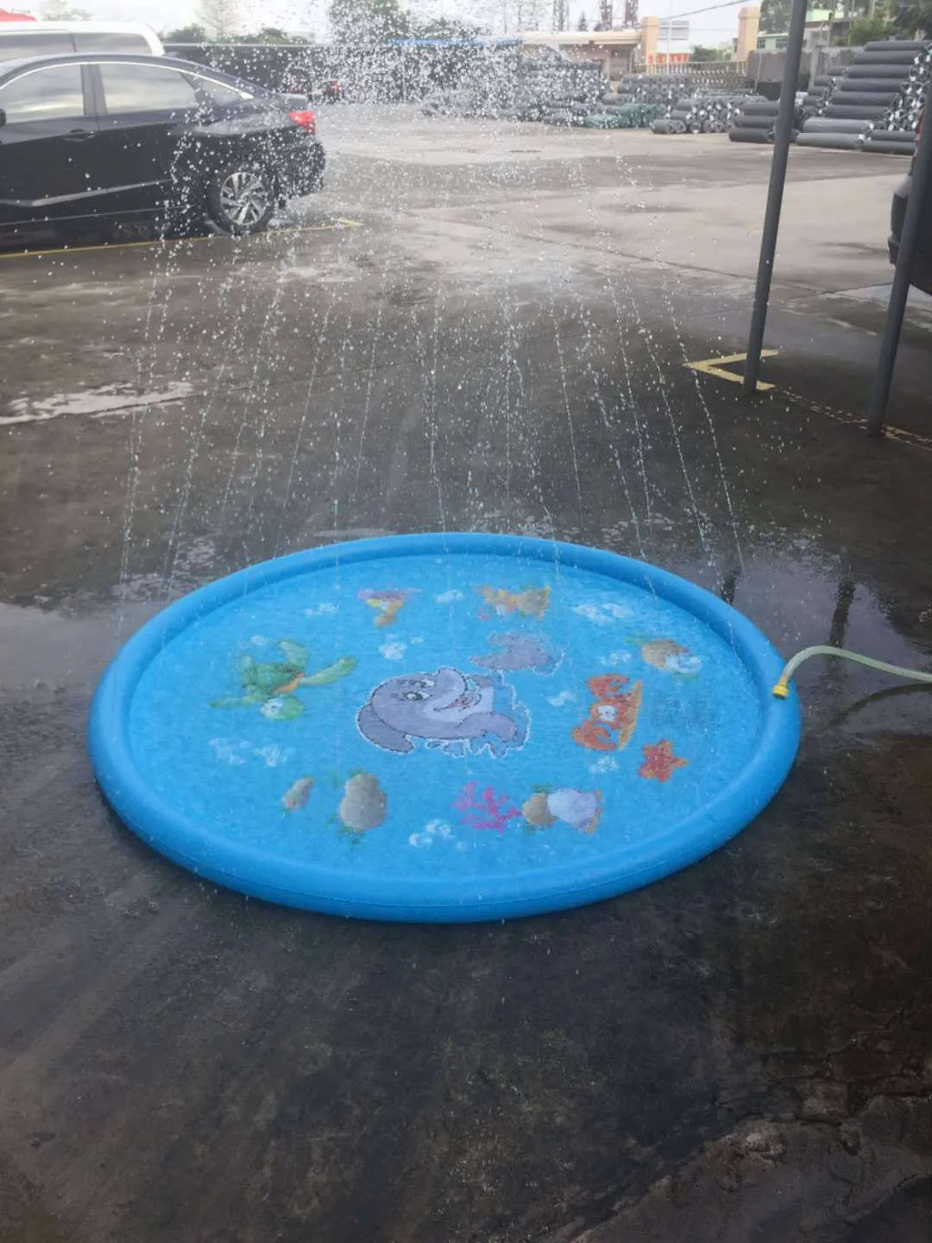 Blue PVC water spray mat for children with marine animal prints, connected to a garden hose.